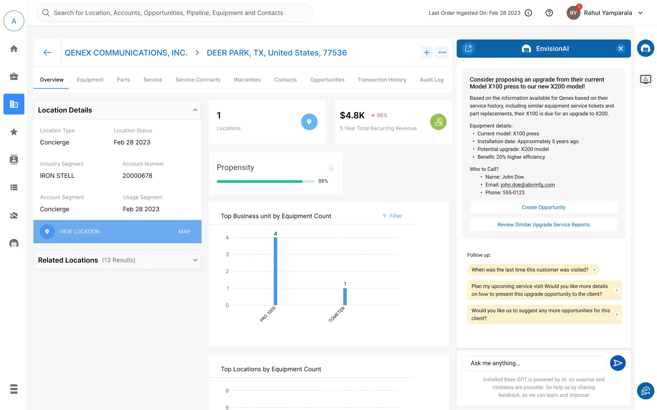 The assistant panel expanded from the banner, giving the recommendation, the service history reasoning behind it, equipment details including install date and expected benefit, a who to call block with name, email and phone, then create opportunity and review similar reports actions, and follow up suggestions