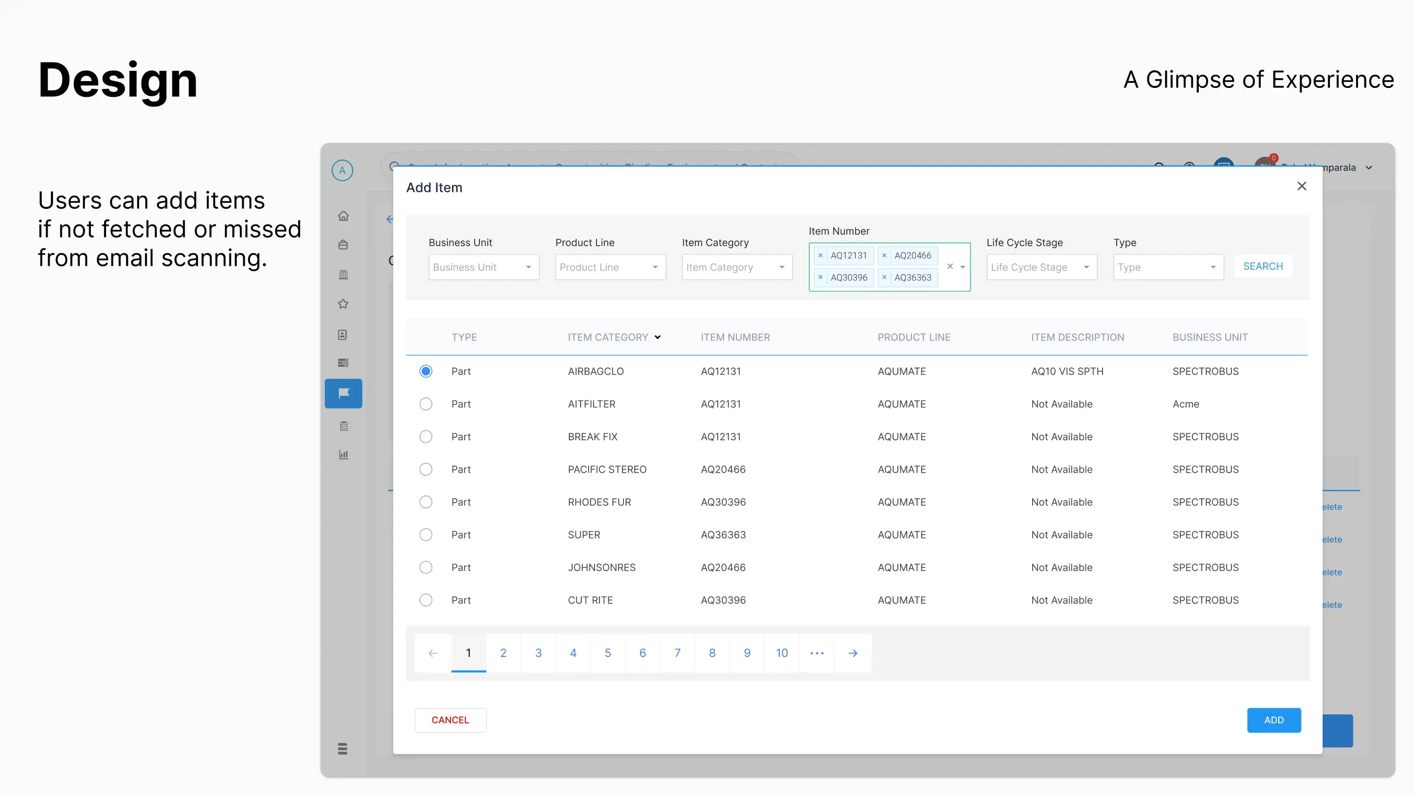 A slide showing an Add Item modal, searching the catalogue by business unit, product line, item category and item number, with results listed by type, category, number, product line and description