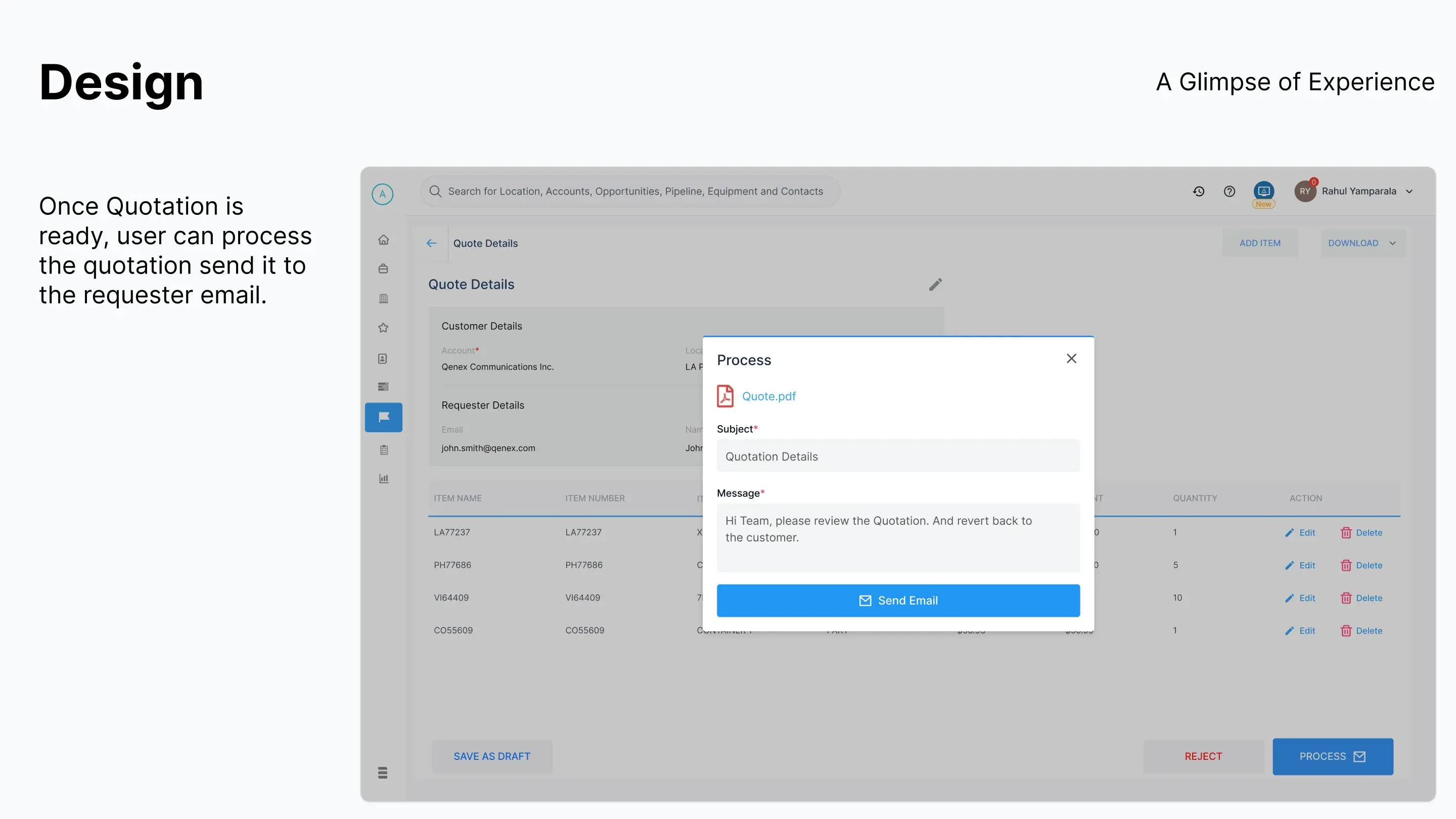 A slide showing the Process modal with a generated Quote.pdf attached, a subject line and a message, and a Send Email action returning the quote to the requester